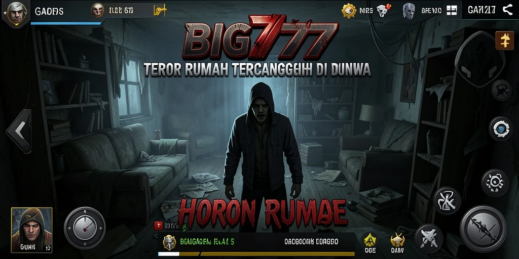 Tampilan antarmuka BIG777 dengan suasana menegangkan di rumah horor.