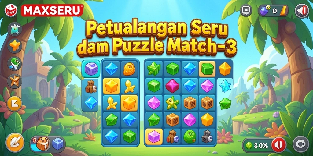 Antarmuka <strong>MAXSERU</strong> yang menarik untuk gameplay Puzzle Match-3.